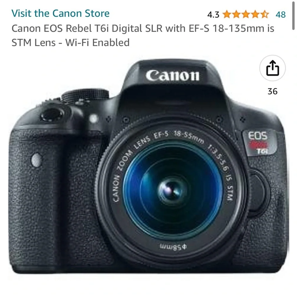 Canon EOS Rebel T6i Digital SLR with EF-S 18-135mm is STM Lens - Wi-Fi Enabled.